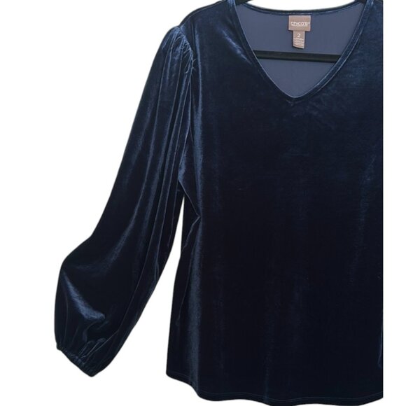 Chico’s Navy Velvet Puff Sleeve Blouse | Size 12 L Long Sleeve Fall Top - Picture 7 of 14